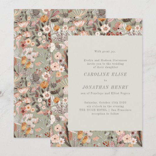 Rustic Sage Floral Boho Formal Wedding Uitnodiging (Voorkant / Achterkant)
