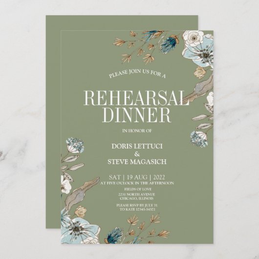 Rustic Sage Floral Rehearsal Dinner Invitation Kaart (Voorkant / Achterkant)