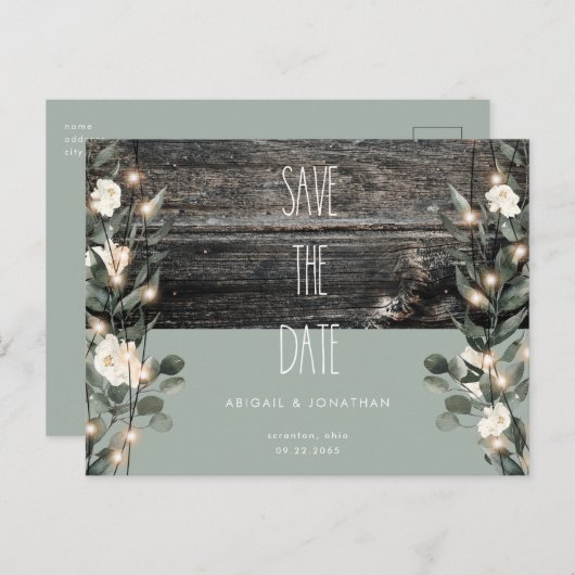 Rustic Sage Foliage White Floral Save the Date Uitnodiging Briefkaart (Voorkant / Achterkant)