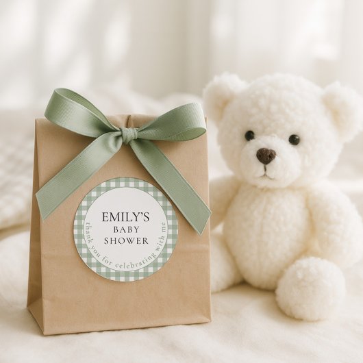 Rustic Sage Gingham Bedankt Baby shower Ronde Sticker