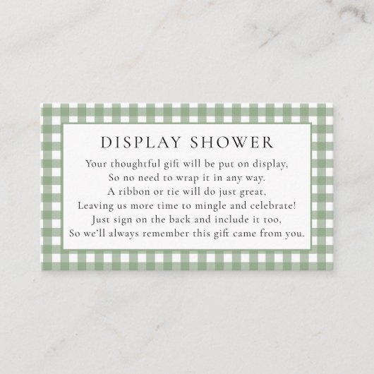 Rustic Sage Gingham Display Baby shower Informatiekaartje (Voorkant)