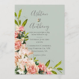 Rustic Sage Green Blush Floral Vintage Wedding Kaart