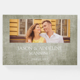 Rustic Sage Green Burlap Linen Two Photo Wedding Gastenboek