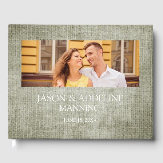 Rustic Sage Green Burlap Linen Two Photo Wedding Gastenboek (Voorkant)