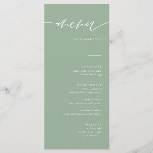 Rustic Sage Green Calligraphy Wedding Menu Cards (Voorkant)