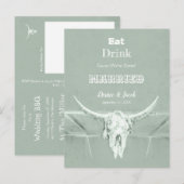 Rustic Sage Green Eat Drink Married Bull Skull Aankondigingskaart (Voorkant / Achterkant)