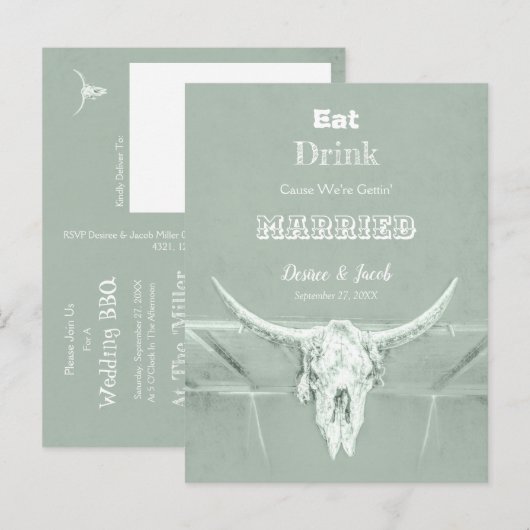 Rustic Sage Green Eat Drink Married Bull Skull Aankondigingskaart (Voorkant / Achterkant)