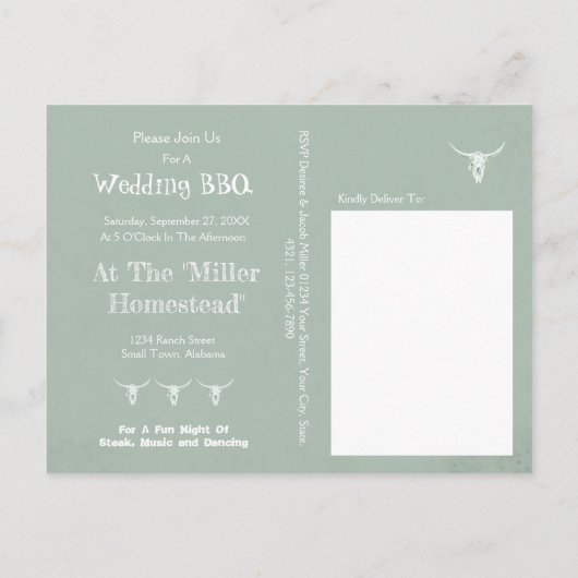 Rustic Sage Green Eat Drink Married Bull Skull Aankondigingskaart (Achterkant)