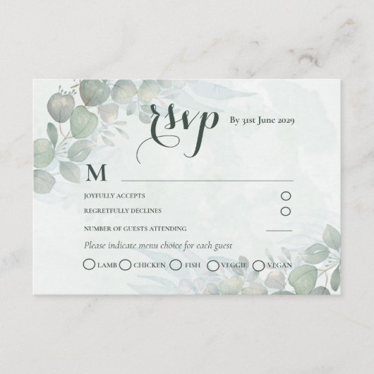 Rustic Sage Green Eucalyptus RSVP Wedding Informatiekaartje (Voorkant)
