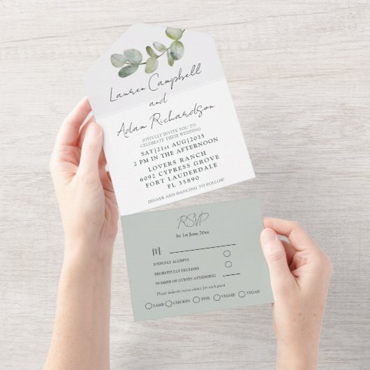 Rustic Sage Green Eucalyptus Wedding All In One Uitnodiging (Afscheurbaar)