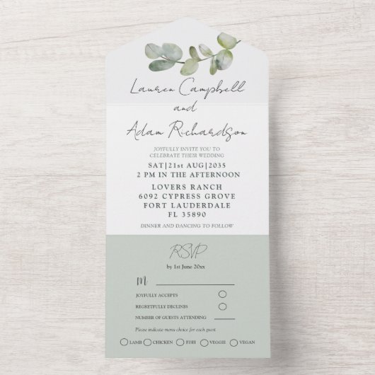 Rustic Sage Green Eucalyptus Wedding All In One Uitnodiging (Binnen)