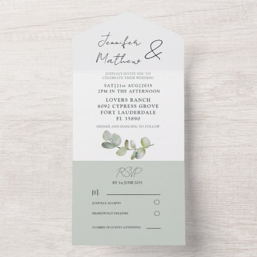 Rustic Sage Green Eucalyptus Wedding All In One Uitnodiging (Binnen)