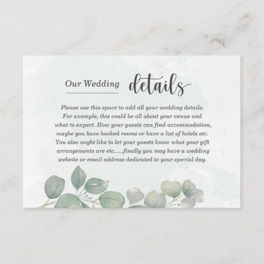 Rustic Sage Green Eucalyptus Wedding Details Informatiekaartje (Voorkant)