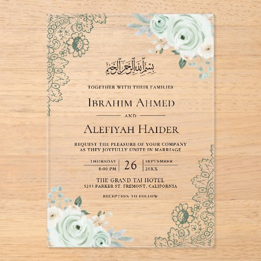 Rustic Sage Green Floral Lace Muslim Wedding Acryl Uitnodigingen (Voorkant)