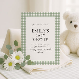 Rustic Sage Green Gingham Baby shower Kaart