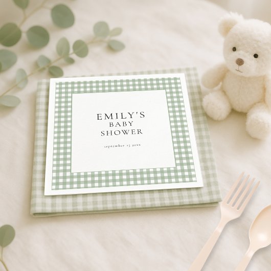 Rustic Sage Green Gingham Baby shower Servet
