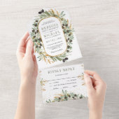 Rustic Sage Green Gold Olive Leaves Wedding All In One Uitnodiging (Afscheurbaar)