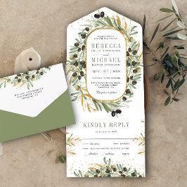 Rustic Sage Green Gold Olive Leaves Wedding All In One Uitnodiging