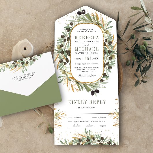 Rustic Sage Green Gold Olive Leaves Wedding All In One Uitnodiging