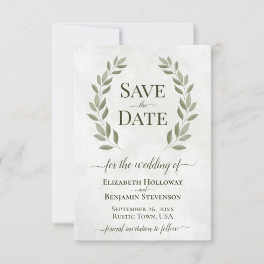 Rustic Sage Green Laurel Leaves Elegant Wedding Save The Date (Voorkant)