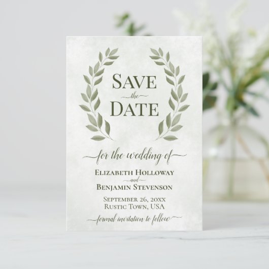 Rustic Sage Green Laurel Leaves Elegant Wedding Save The Date (Staand voorkant)