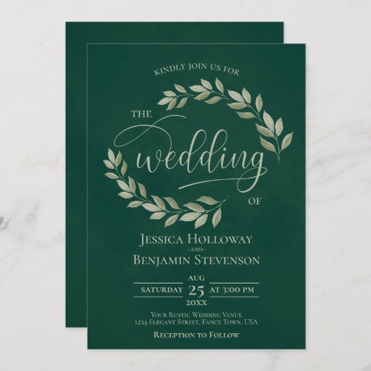 Rustic Sage Green Leaves Emerald Green Wedding Kaart (Voorkant / Achterkant)