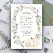 Rustic Sage Green Leaves White Pumpkin Wedding Kaart
