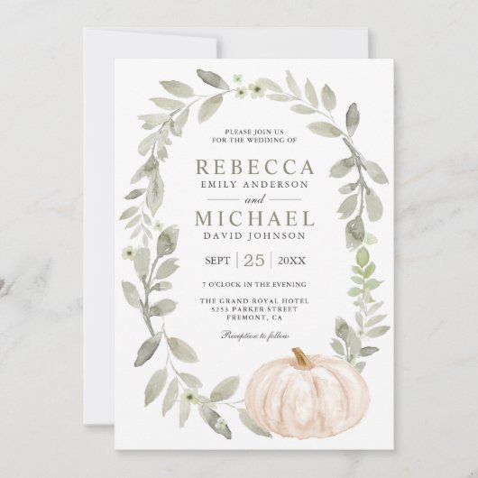 Rustic Sage Green Leaves White Pumpkin Wedding Kaart (Voorkant)