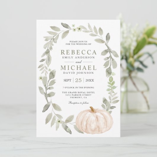 Rustic Sage Green Leaves White Pumpkin Wedding Kaart (Staand voorkant)