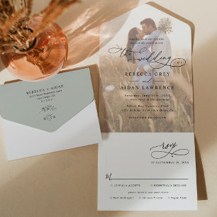 Rustic Sage Green Photo Wedding All In One Uitnodiging