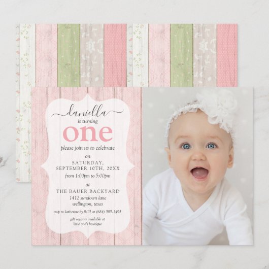 Rustic Sage Green Pink Floral Wood Birthday Foto Kaart (Voorkant / Achterkant)
