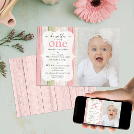 Rustic Sage Green Pink Floral Wood Birthday Foto Kaart