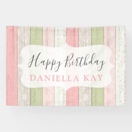 Rustic Sage Green Pink Floral Wood Happy Birthday Spandoek