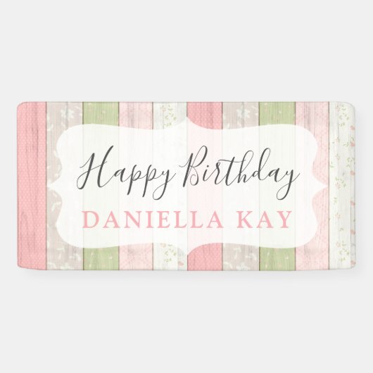 Rustic Sage Green Pink Floral Wood Happy Birthday Spandoek (Horizontaal)