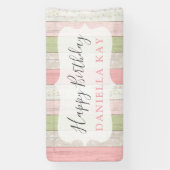 Rustic Sage Green Pink Floral Wood Happy Birthday Spandoek (Verticaal)