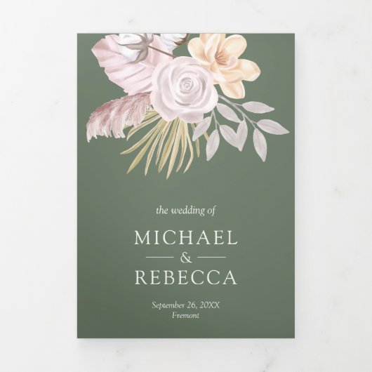 Rustic Sage Green Roos Pink Floral QR Code Weddens Drieluik Uitnodiging (Cover)