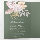 Rustic Sage Green Roos Pink Floral QR Code Weddens Drieluik Uitnodiging (Binnenzijde eerst)