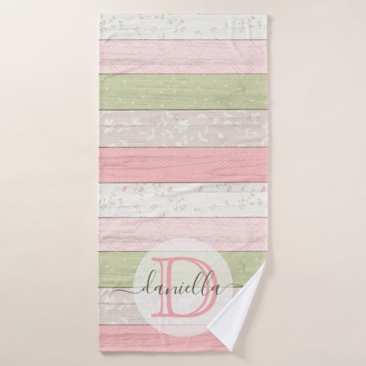 Rustic Sage Green & Roze Floral Wood op maat Badhanddoek (Badhanddoek)