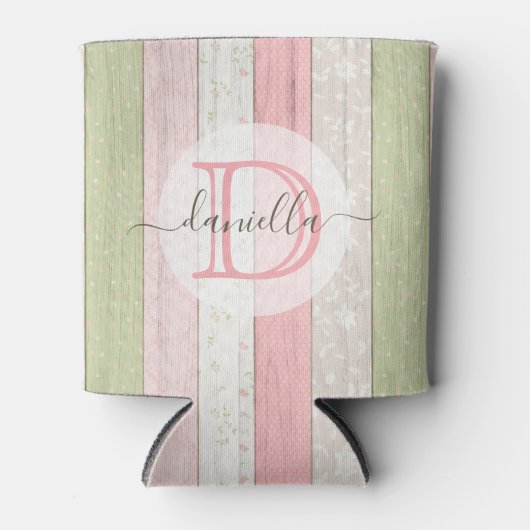 Rustic Sage Green & Roze Floral Wood op maat Blikjeskoeler (Voorkant)