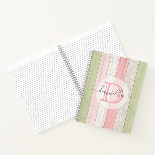 Rustic Sage Green & Roze Floral Wood op maat Notitieboek (Binnen)