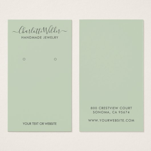 Rustic Sage Green Script Earring Display Card Visitekaartje (Voorkant /achterkant)