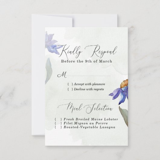 Rustic Sage Green Waterverf Paars Daisy Wedding RSVP Kaartje (Voorkant)