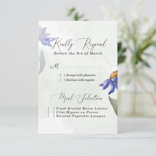Rustic Sage Green Waterverf Paars Daisy Wedding RSVP Kaartje (Staand voorkant)