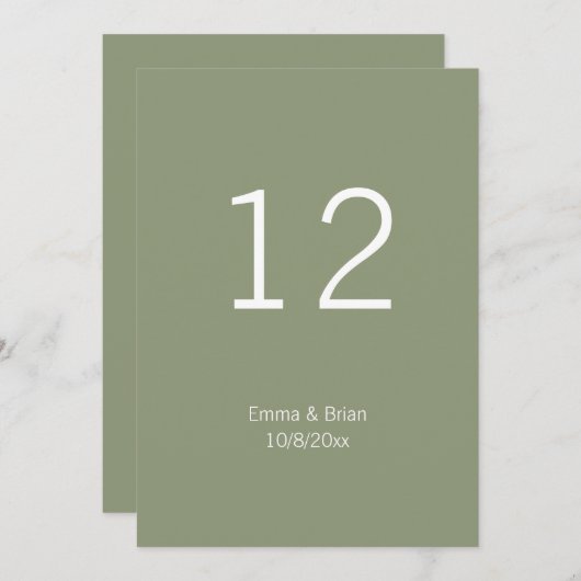 Rustic Sage green Wedding Table number Kaart (Voorkant / Achterkant)