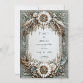 Rustic Sage Green White Sunflower Feather Wedding Kaart (Voorkant)