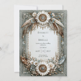 Rustic Sage Green White Sunflower Feather Wedding Kaart