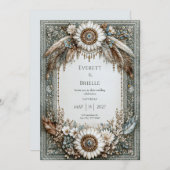 Rustic Sage Green White Sunflower Feather Wedding Kaart (Voorkant / Achterkant)