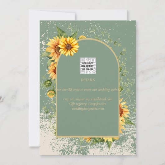 Rustic Sage Green Yellow Sunflower Wedding Allin1 Kaart (Achterkant)
