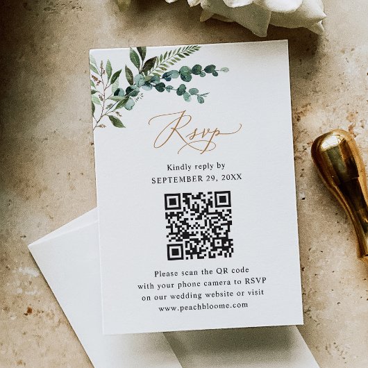 Rustic Sage QR Code Greenery Gold Wedding RSVP Kaartje