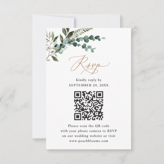 Rustic Sage QR Code Greenery Gold Wedding RSVP Kaartje (Voorkant)